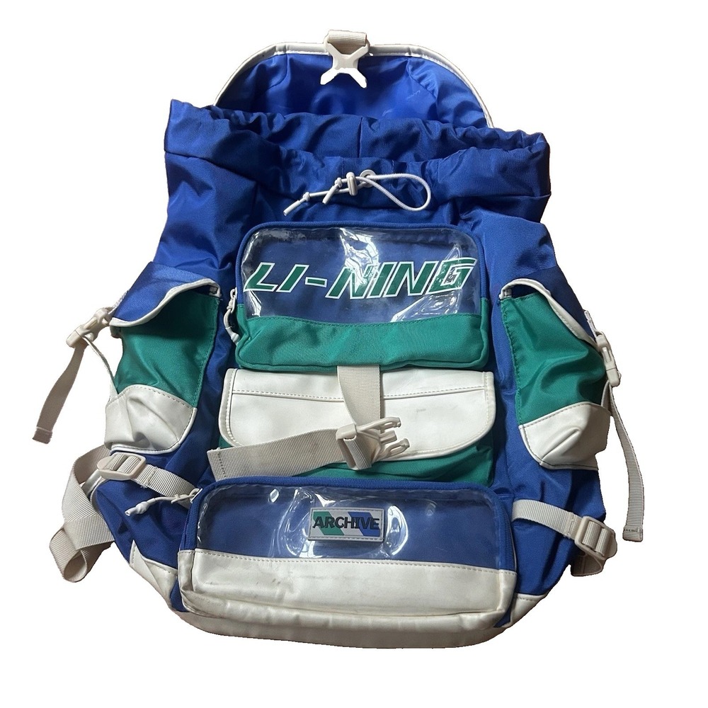 Li-Ning Vintage Retro Blue Green Archive Backpack Clear Pockets 90s